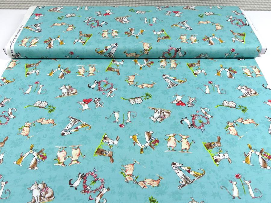 Preview: Patchworkstoff in türkis mit Tieren aus der Serie From the Hearts von Clothworks